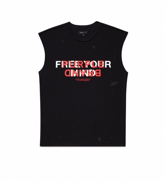 Purple Brand Textured Jersey Sleeveless Black Tee With White/Red Text