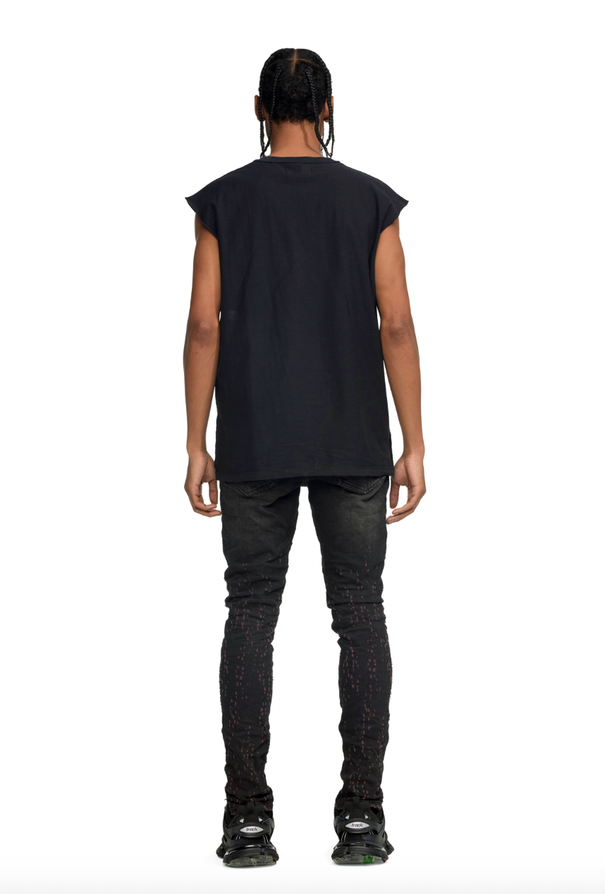 Purple Brand Textured Jersey Sleeveless Black Tee With White/Red Text
