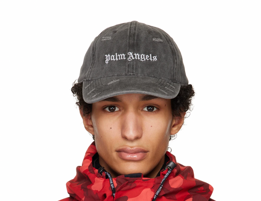 PALM ANGELS Gray Ripped Logo Cap