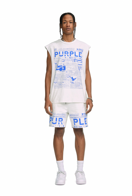 Purple Brand Newspaper Textured Jersey Sleeveless White/Blue