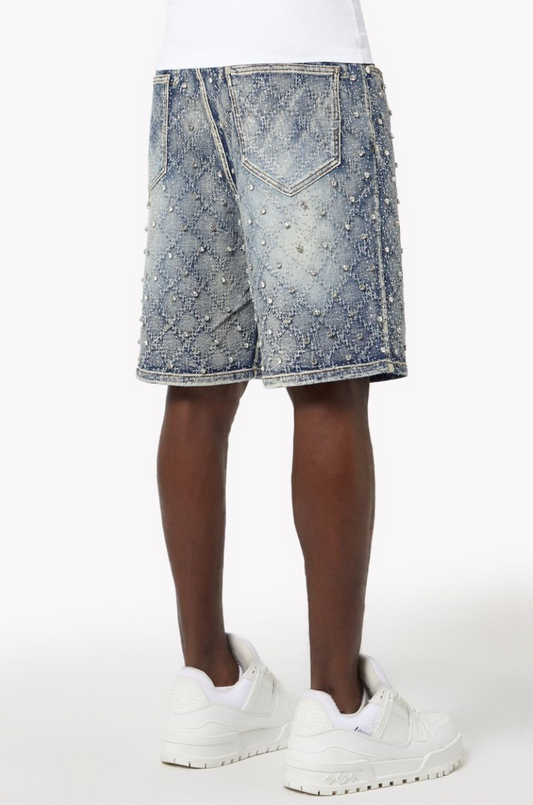 Guapi Aqua Blue Embellished Denim Shorts