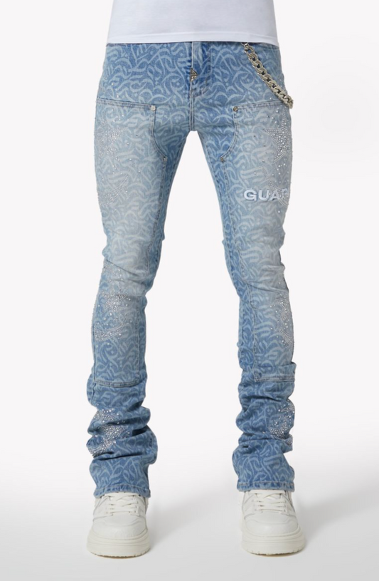 Guapi Aqua Blue Calligraphy Denim Jeans