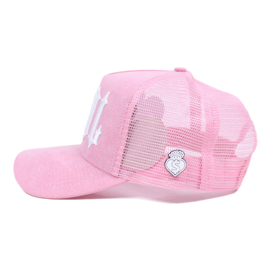 EVOL New Font Trucker Hat Pink/White (Suede Edition)