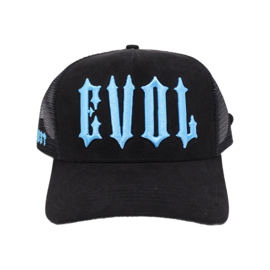 EVOL New Font Trucker Hat Black/Blue (Suede Edition)