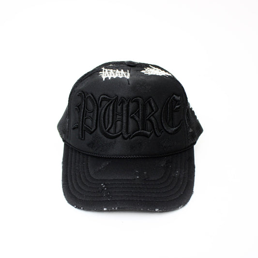 PAIN IS PURE 'PURE' LOGO NEEDLE REPAIR TRUCKER HAT BLACK/BLACK