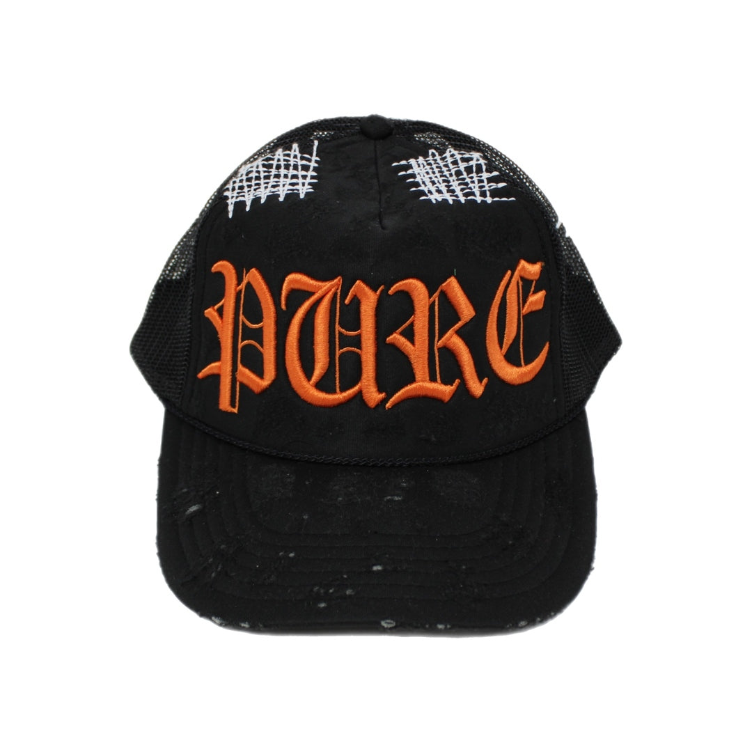 PAIN IS PURE 'PURE' LOGO NEEDLE REPAIR TRUCKER HAT BLACK/ORANGE