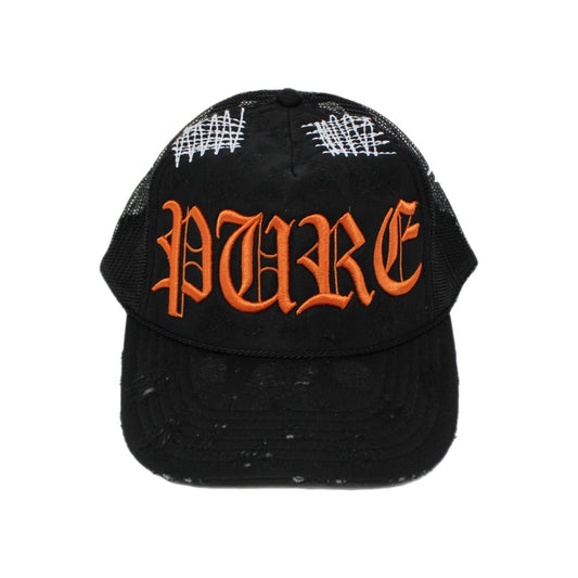 PAIN IS PURE 'PURE' LOGO NEEDLE REPAIR TRUCKER HAT BLACK/ORANGE
