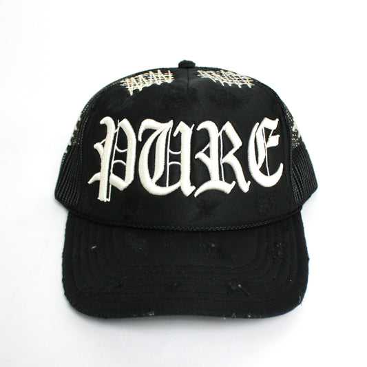 PAIN IS PURE 'PURE' LOGO NEEDLE REPAIR TRUCKER HAT BLACK/CREAM