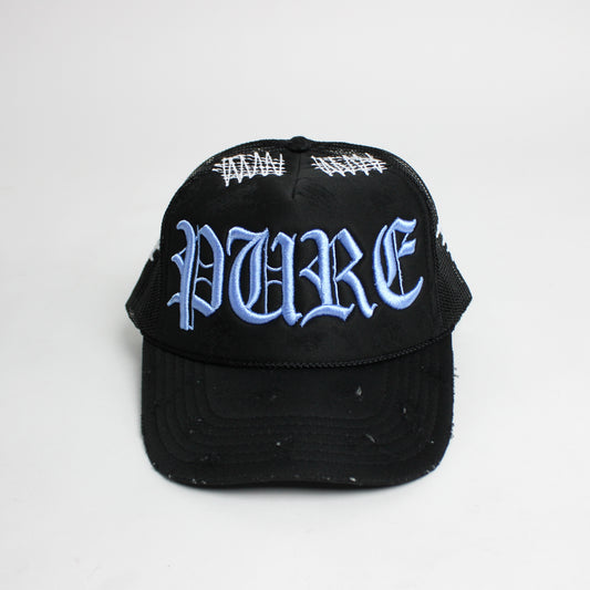 PAIN IS PURE 'PURE' LOGO NEEDLE REPAIR TRUCKER HAT BLACK/BLUE