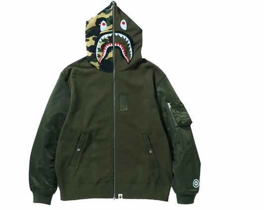 BAPE Military Shark Relaxed Fit Full Zip Hoodie Olivedrab