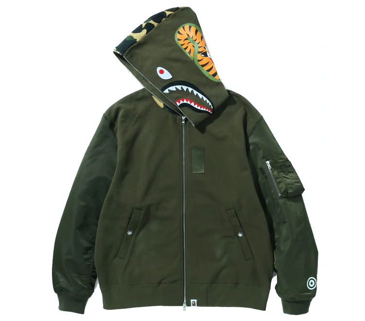 BAPE Military Shark Relaxed Fit Full Zip Hoodie Olivedrab
