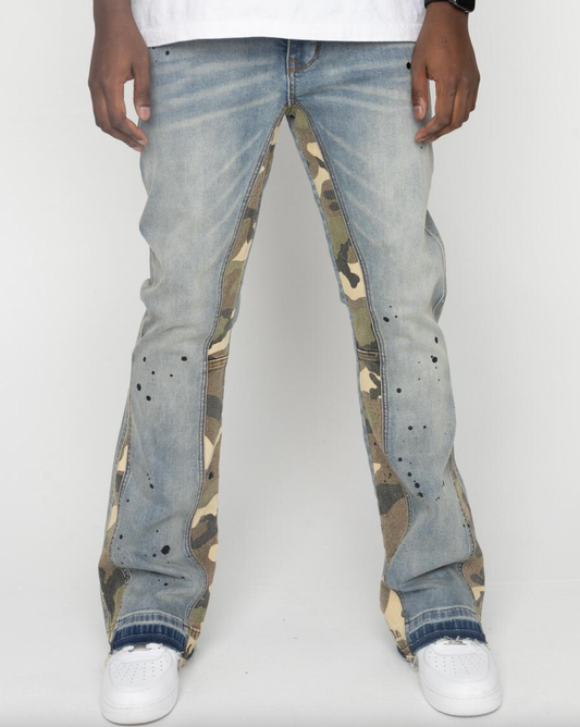 EPTM FLARE DENIM CAMO DETAIL PANTS BLUE