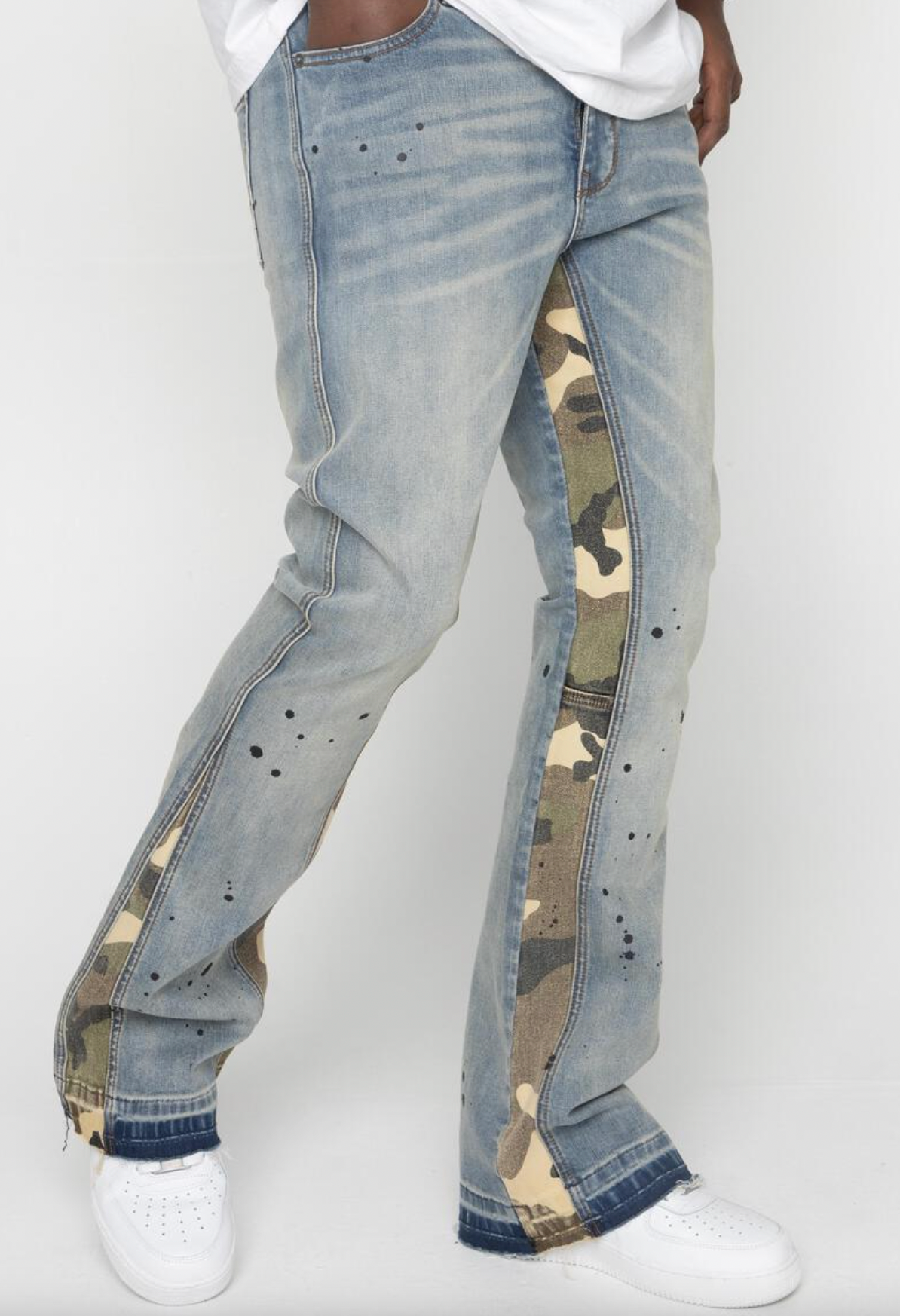 EPTM FLARE DENIM CAMO DETAIL PANTS BLUE