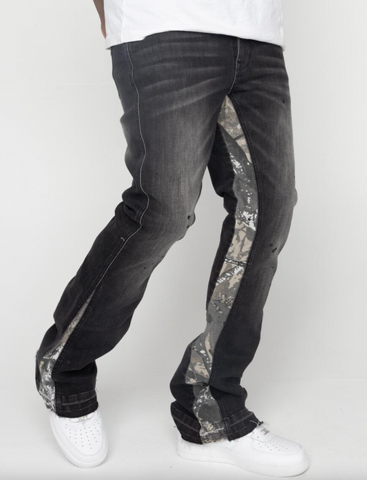 EPTM FLARE DENIM CAMO DETAIL PANTS