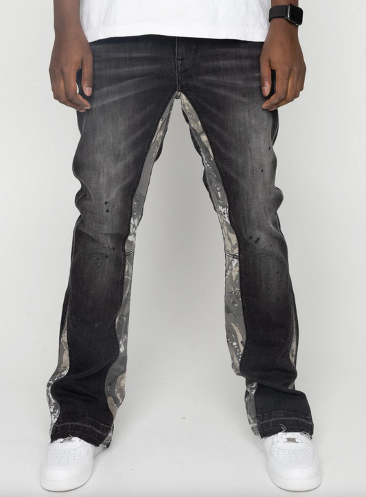 EPTM FLARE DENIM CAMO DETAIL PANTS