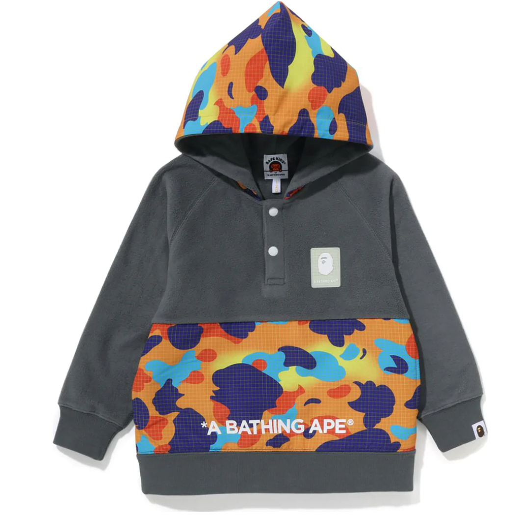 BAPE KIDS GRID CAMO HALF SNAP FLEECE PULLOVER HOOD GREY – Upper