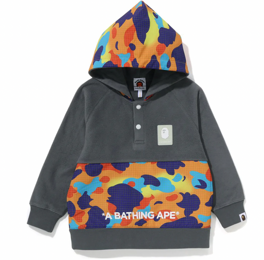 BAPE KIDS GRID CAMO HALF SNAP FLEECE PULLOVER HOOD GREY