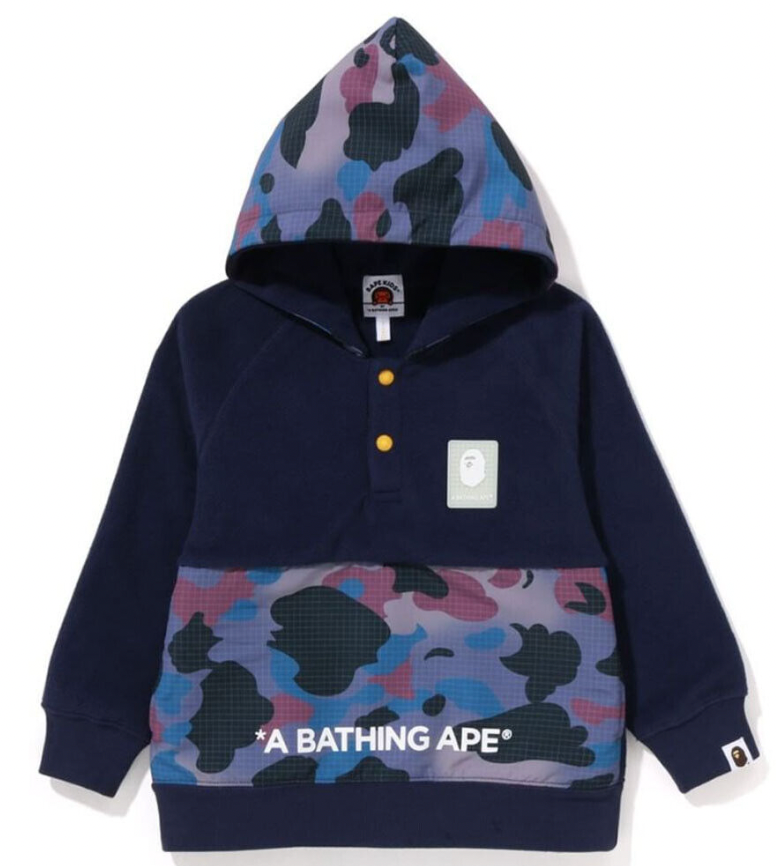 BAPE KIDS GRID CAMO HALF SNAP FLEECE PULLOVER HOOD NAVY