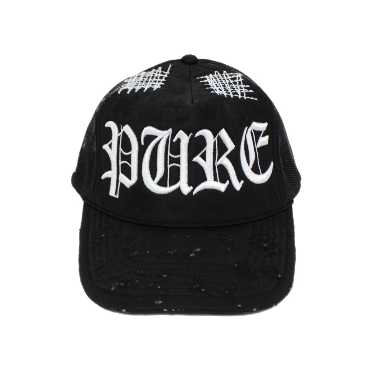 PAIN IS PURE 'PURE' LOGO NEEDLE REPAIR TRUCKER HAT BLACK/PEARL WHITE