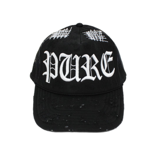 PAIN IS PURE 'PURE' LOGO NEEDLE REPAIR TRUCKER HAT BLACK/PEARL WHITE