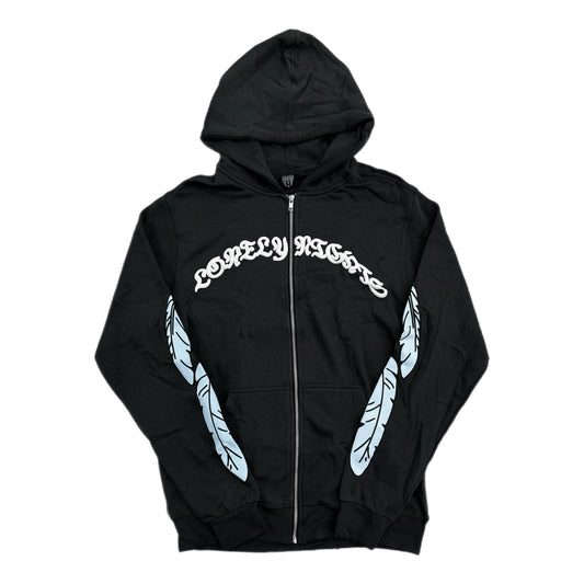 Lonely Nights Curved Logo Wings Zip-Up Hoodie Charcoal/White/Baby Blue
