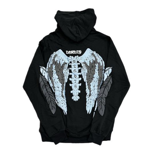 Lonely Nights Curved Logo Wings Zip-Up Hoodie Charcoal/White/Baby Blue