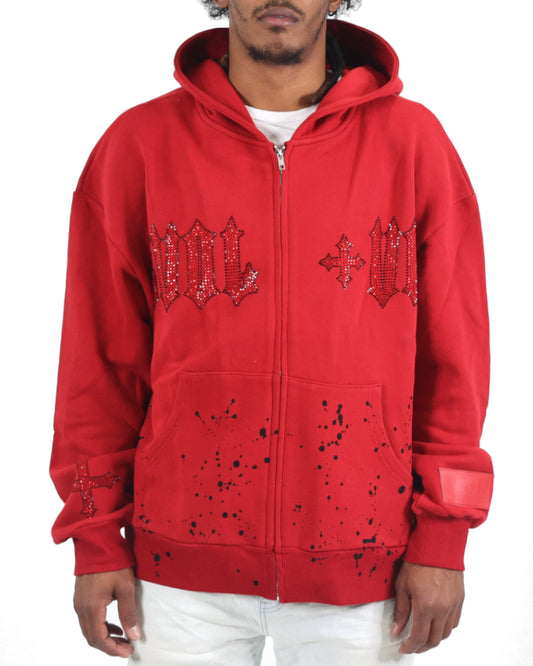 EVOL+VE Rhinestone Logo Zip-Up Hoodie Red/Black