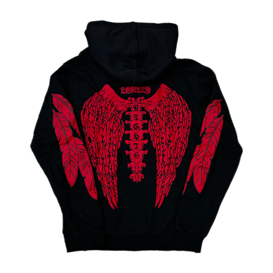 Lonely Nights Curved Logo Wings Zip-Up Hoodie Black/Red