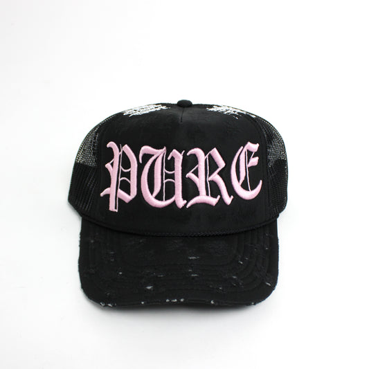 PAIN IS PURE 'PURE' LOGO NEEDLE REPAIR TRUCKER HAT BLACK/BABY PINK