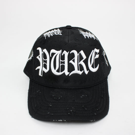 PAIN IS PURE 'PURE' LOGO NEEDLE REPAIR TRUCKER HAT BLACK/WHITE (LIMITED)
