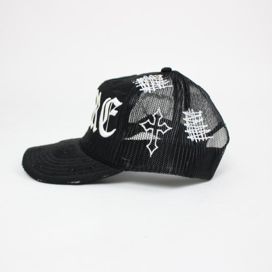 PAIN IS PURE 'PURE' LOGO NEEDLE REPAIR TRUCKER HAT BLACK/WHITE (LIMITED)
