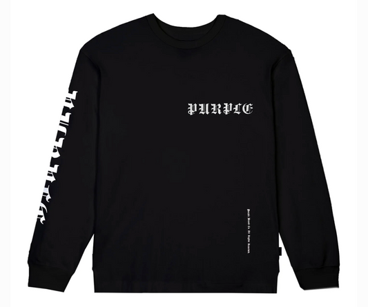Purple Brand Textured Jersey LS Tee Gothic Word Mark Black Beauty