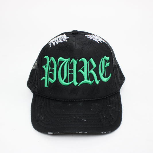 PAIN IS PURE 'PURE' LOGO NEEDLE REPAIR TRUCKER HAT BLACK/GREEN