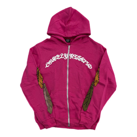 Lonely Nights Curved Logo Wings Zip-Up Hoodie Pink/Nude