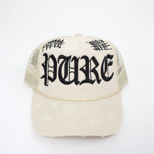 PAIN IS PURE 'PURE' LOGO NEEDLE REPAIR TRUCKER HAT CREAM/BLACK