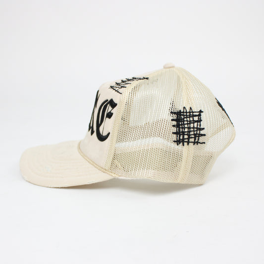 PAIN IS PURE 'PURE' LOGO NEEDLE REPAIR TRUCKER HAT CREAM/BLACK