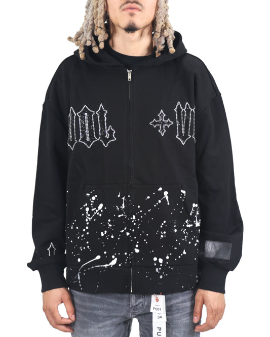 EVOL+VE Rhinestone Logo Zip-Up Hoodie Black/White