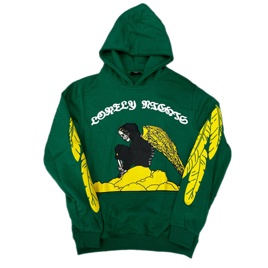 Lonely Nights Curved Logo Winged Skeleton Zip-Up Hoodie Green/Yellow
