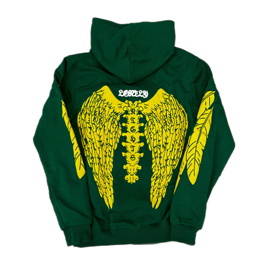 Lonely Nights Curved Logo Winged Skeleton Zip-Up Hoodie Green/Yellow