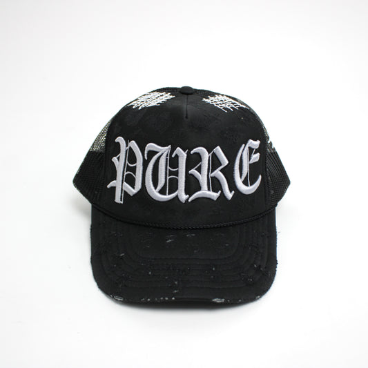 PAIN IS PURE 'PURE' LOGO NEEDLE REPAIR TRUCKER HAT BLACK/GREY