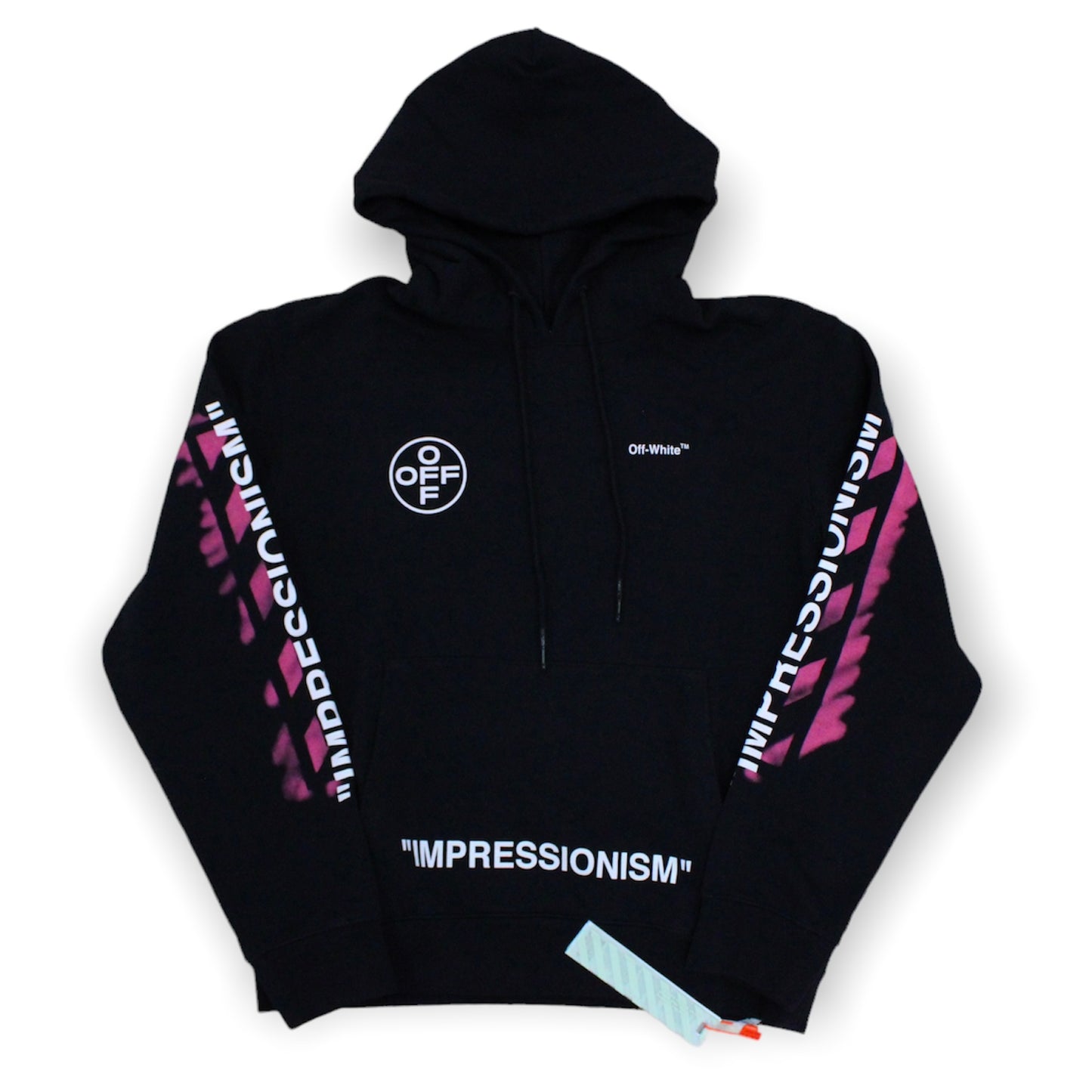 Off white black hoodie with pink spray paint hoodie