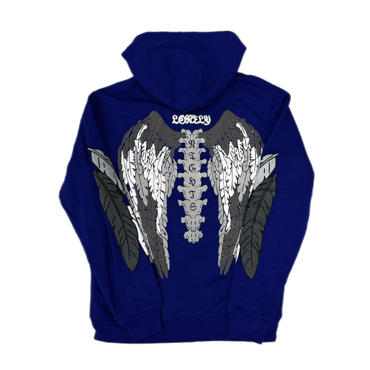 Lonely Nights Curved Logo Wings Zip-Up Hoodie Royal Blue/Grey