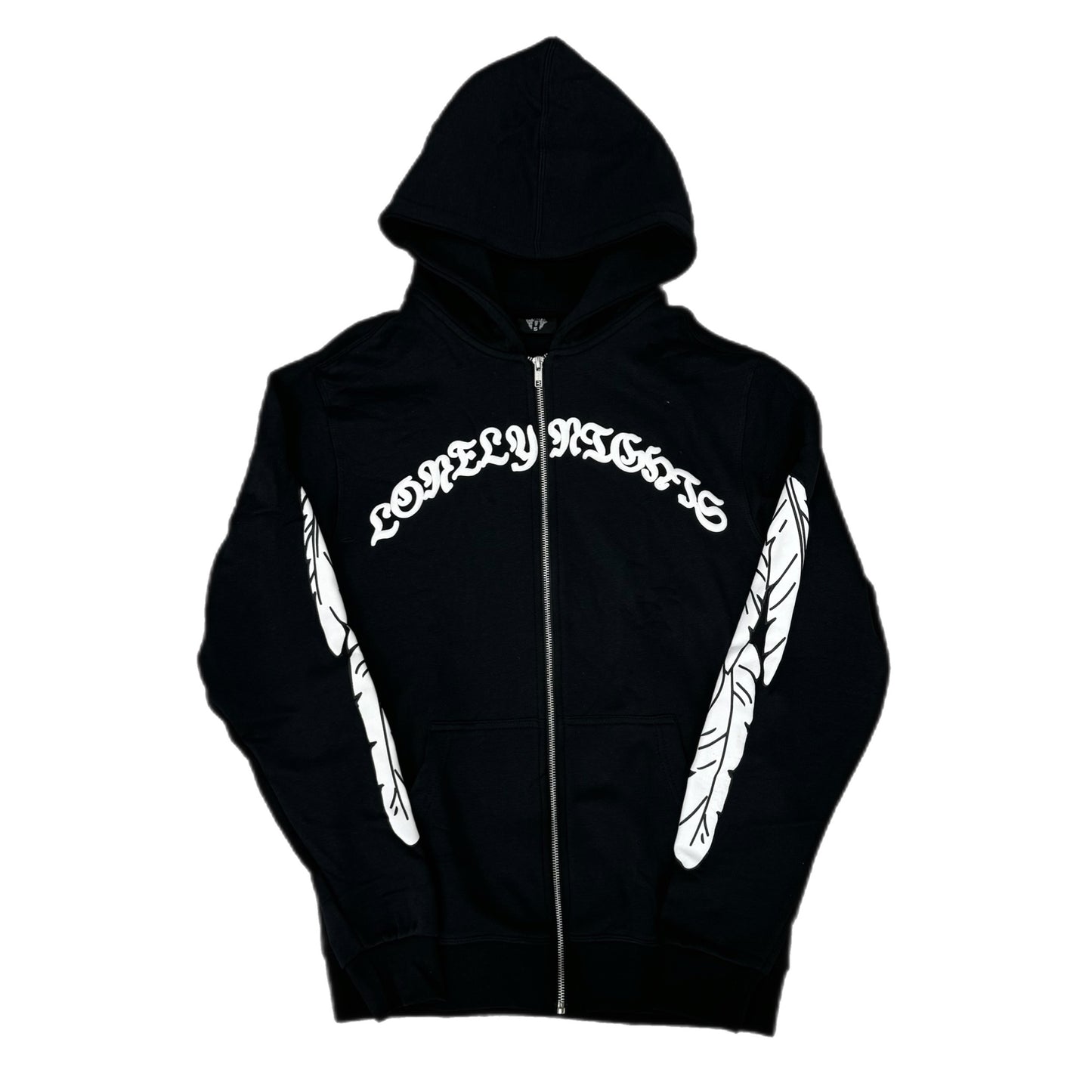 Lonely Nights Curved Logo Wings Zip-Up Hoodie Black/White