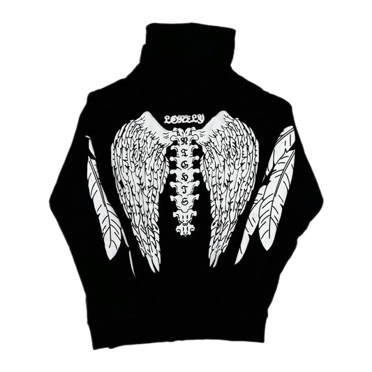 Lonely Nights Curved Logo Wings Zip-Up Hoodie Black/White