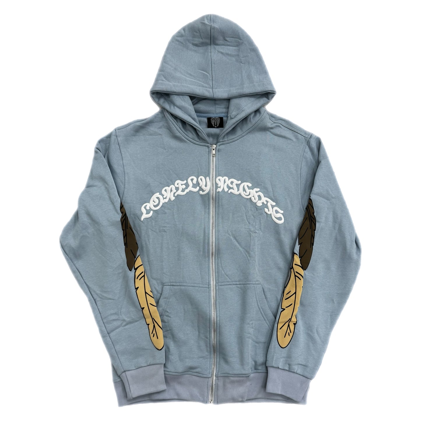 Lonely Nights Curved Logo Wings Zip-Up Hoodie Baby Blue/Cream