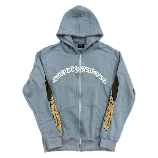 Lonely Nights Curved Logo Wings Zip-Up Hoodie Baby Blue/Cream