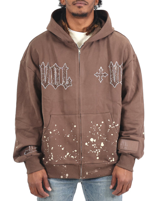 EVOL+VE Rhinestone Logo Zip-Up Hoodie Brown/Cream