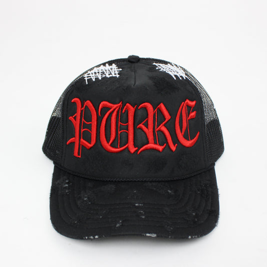PAIN IS PURE 'PURE' LOGO NEEDLE REPAIR TRUCKER HAT BLACK/RED
