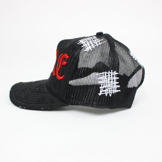 PAIN IS PURE 'PURE' LOGO NEEDLE REPAIR TRUCKER HAT BLACK/RED