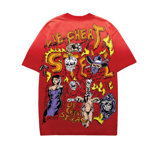 Warren Lotas Lie Steal Cheat Washed Tee Red